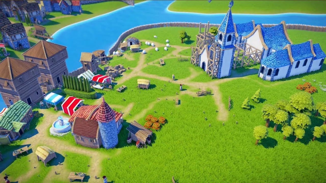 Captura Foundation – Aldea Medieval En Desarrollo Con Mercado Granjas Y Una Iglesia En Construccion Junto Al Rio
