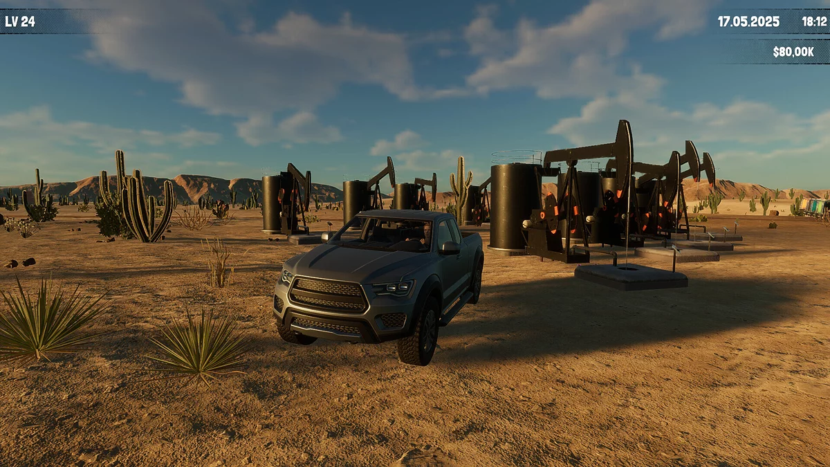 Captura Fuel Harvest Together Desierto Con Maquinaria Y Camioneta Estacionada Frente A Un Pozo De Petroleo