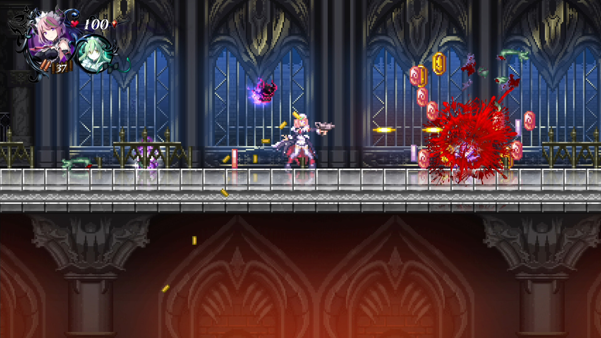 Captura Gal Guardians Servants Of The Dark – Disparo Frontal En Un Corredor Gotico Mientras Las Monedas Y Enemigos Estallan En Una Escena De Accion Pixelada