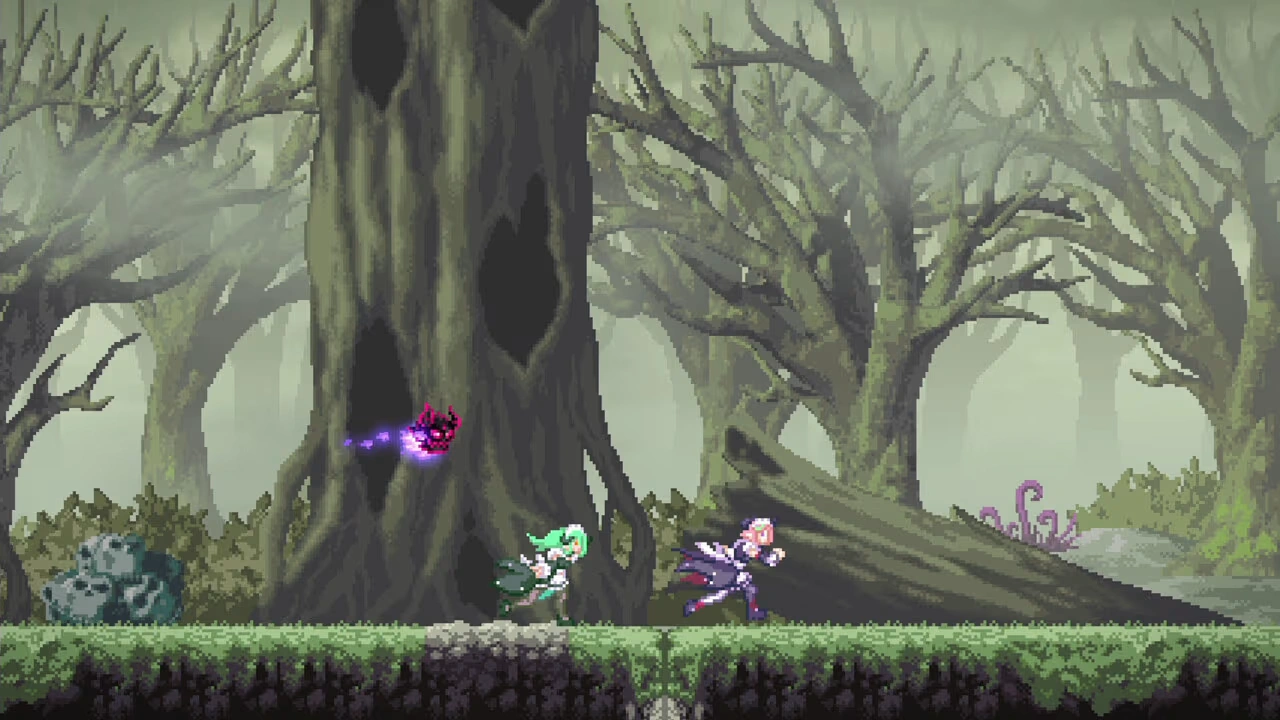Captura Gal Guardians Servants Of The Dark – Las Dos Chicas Corren Por Un Bosque Sombrio De Arboles Retorcidos Acompanadas Por Un Ente Flotante Purpura