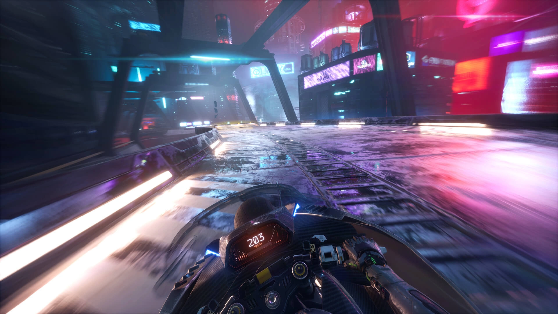 Captura Ghostrunner II – Vista En Primera Persona De Una Moto Futurista Recorriendo Una Pista Inundada De Luces De Neon