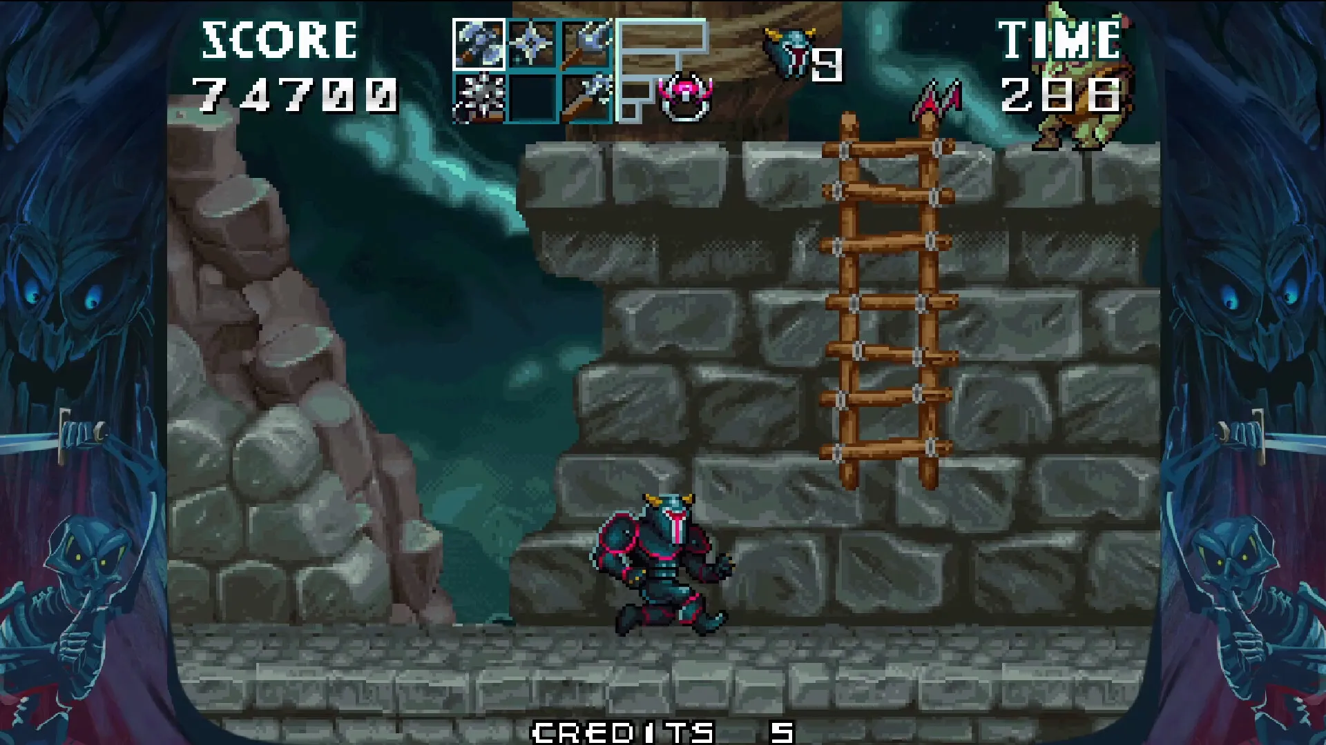 Captura GladMort – Escena De Plataformas Con Escaleras Y Paredes Oscuras