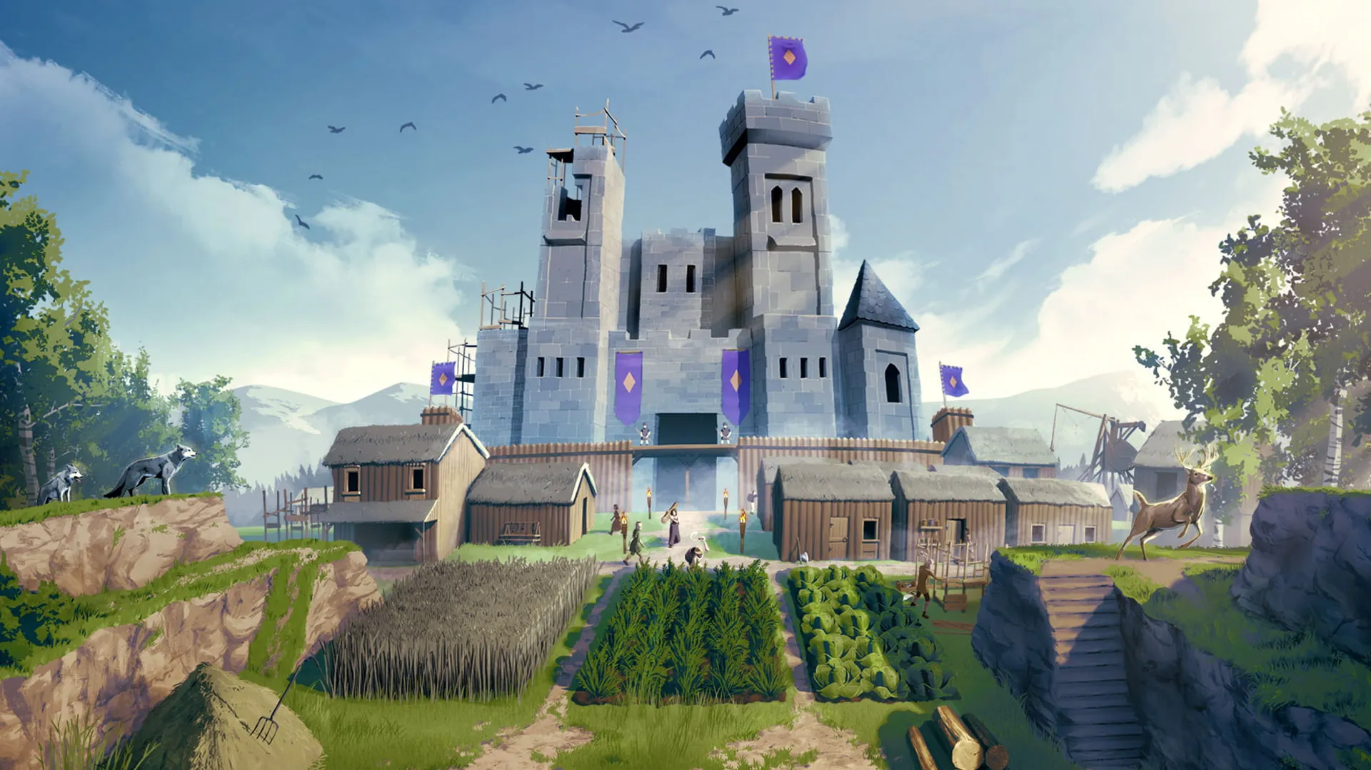 Captura Going Medieval Fortaleza Con Cultivos Al Frente Y Banderas Ondeando