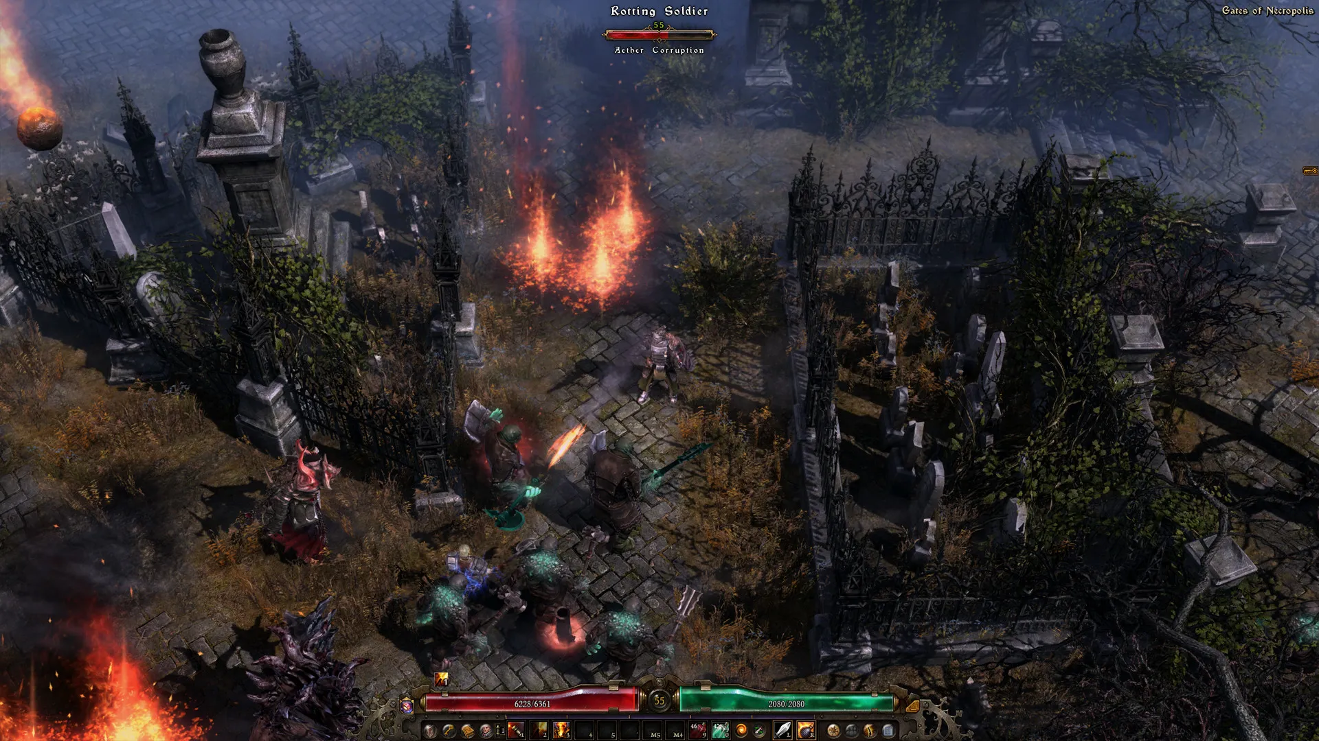 Captura Grim Dawn – Batalla En Bosque Oscuro Con Explosiones Y Enemigos Cercanos