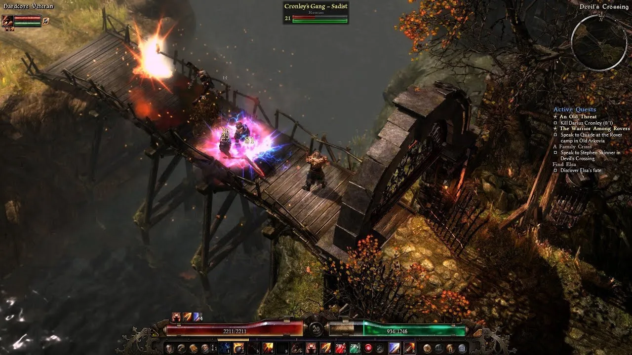 Captura Grim Dawn – Combate En Puente De Madera Con Hechizos Y Enemigos