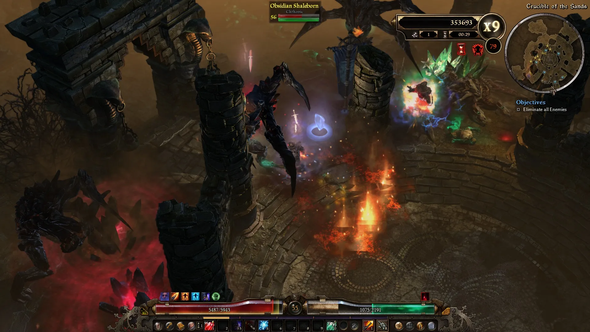 Captura Grim Dawn – Pelea Contra Criatura Gigante Rodeada De Fuego Y Particulas