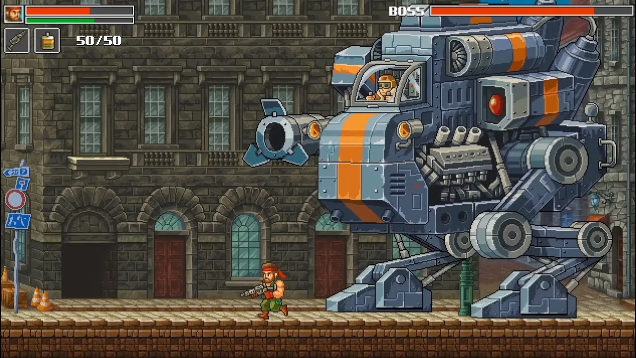 Captura Guns Of Fury – Personaje Armado Frente A Un Enorme Meca Azul Y Naranja Conducido Por Un Enemigo