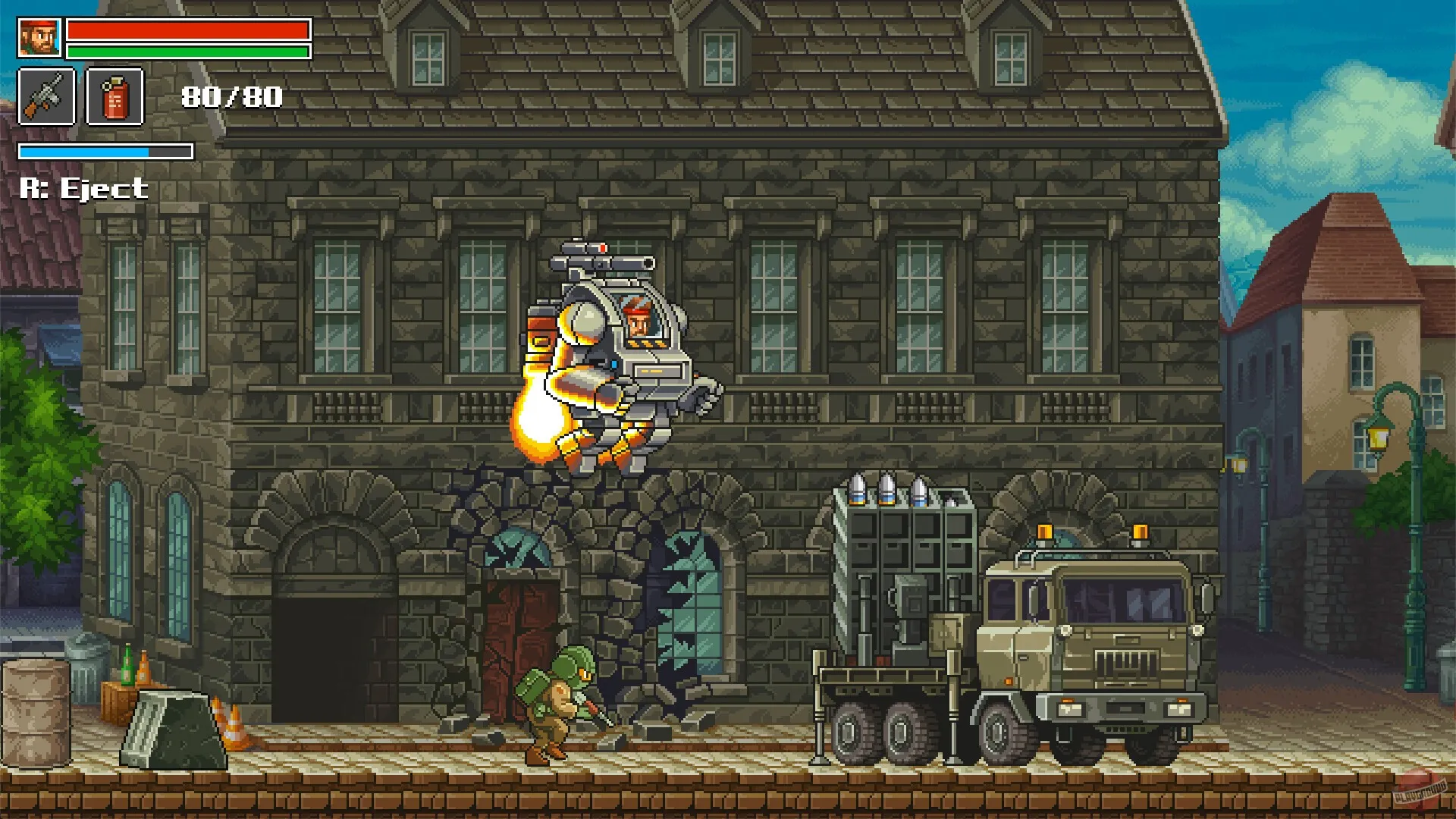 Captura Guns Of Fury – Soldado Con Mochila Propulsora Sobrevuela Un Camion Militar En Zona Urbana