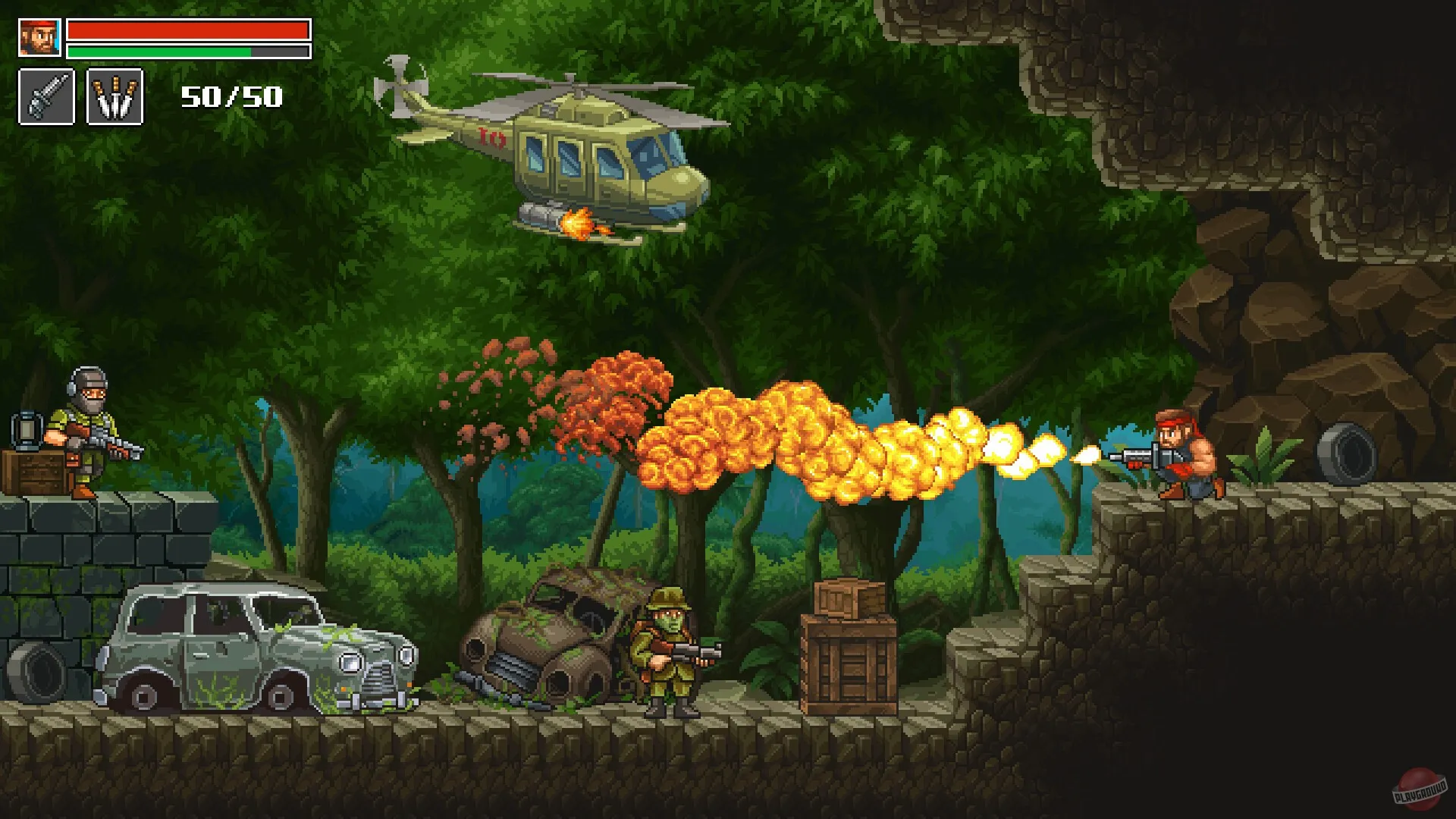 Captura Guns Of Fury – Soldado Lanza Fuego Contra Enemigos Entre Vegetacion Densa Y Vehiculos Oxidados