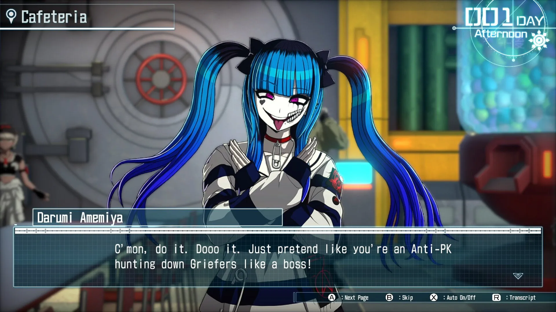Captura HUNDRED LINE Last Defense Academy – Chica De Cabello Azul Hablando En Una Cafeteria Futurista