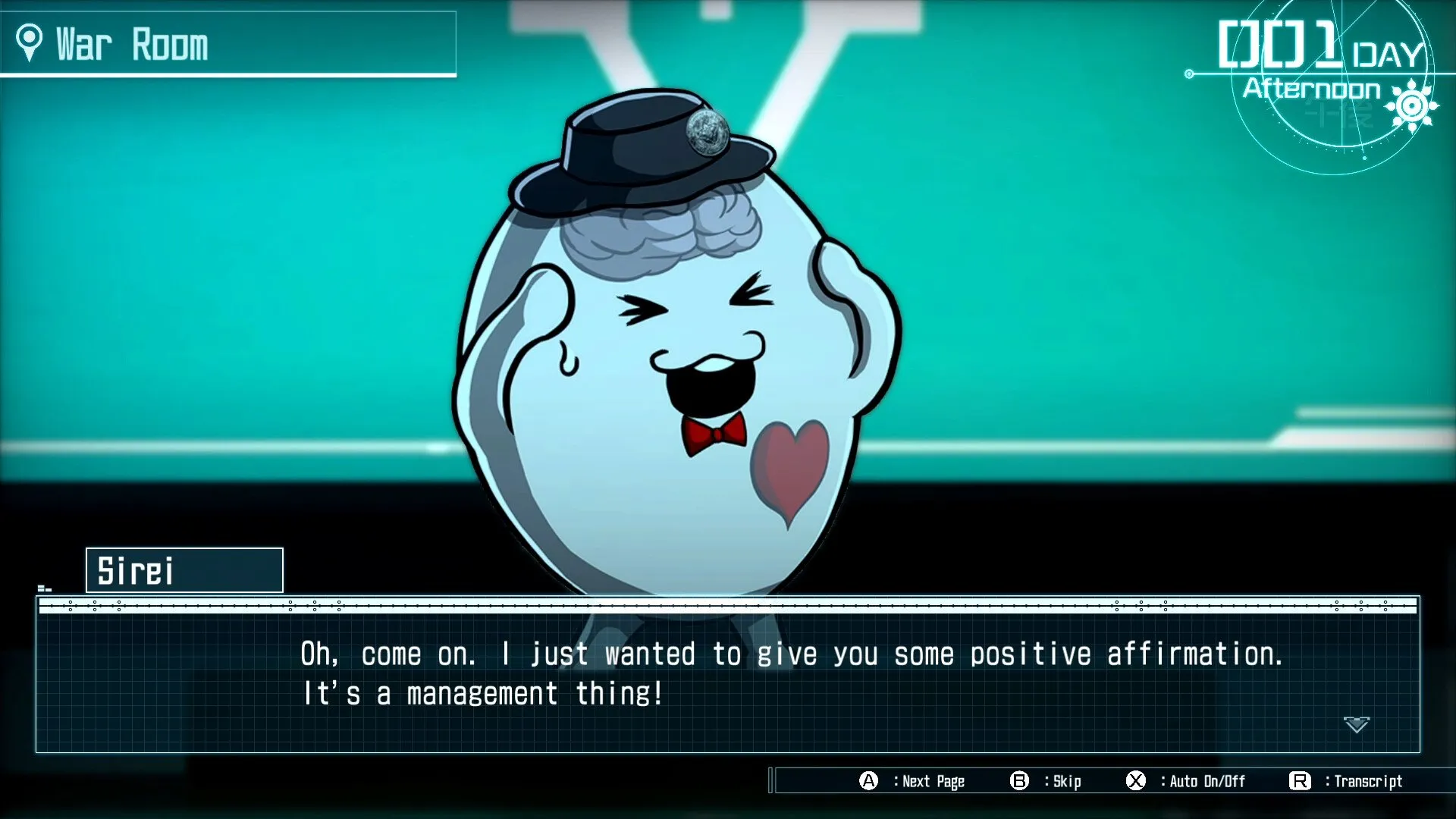 Captura HUNDRED LINE Last Defense Academy – Dialogo De Personaje Con Cara De Huevo Y Sombrero