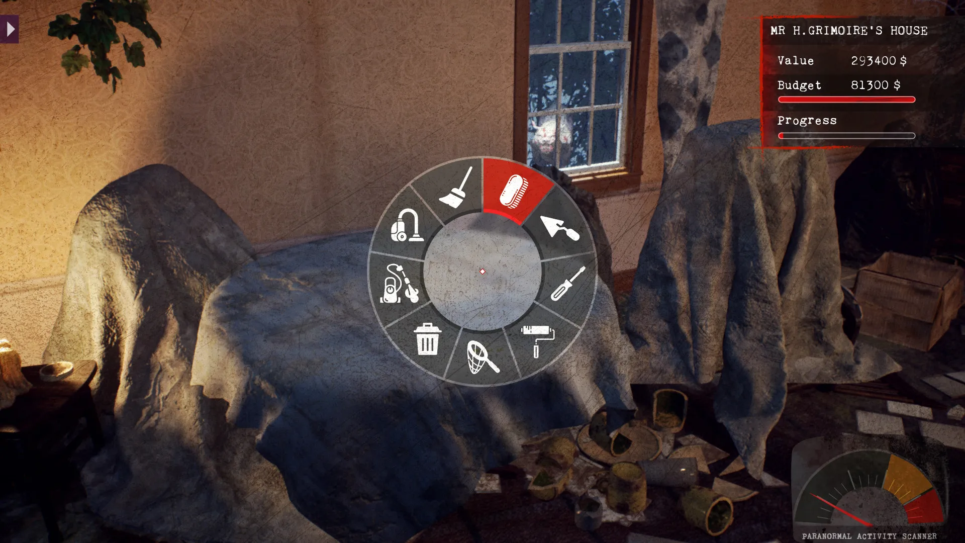Captura Haunted House Renovator – Menu De Herramientas Frente A Una Habitacion Cubierta De Sabanas Polvorientas Y Loza Rota
