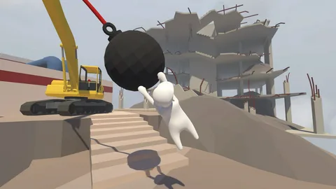 Captura Human Fall Flat – Figura Usando Grua Con Bola De Demolicion Frente A Edificio En Ruinas