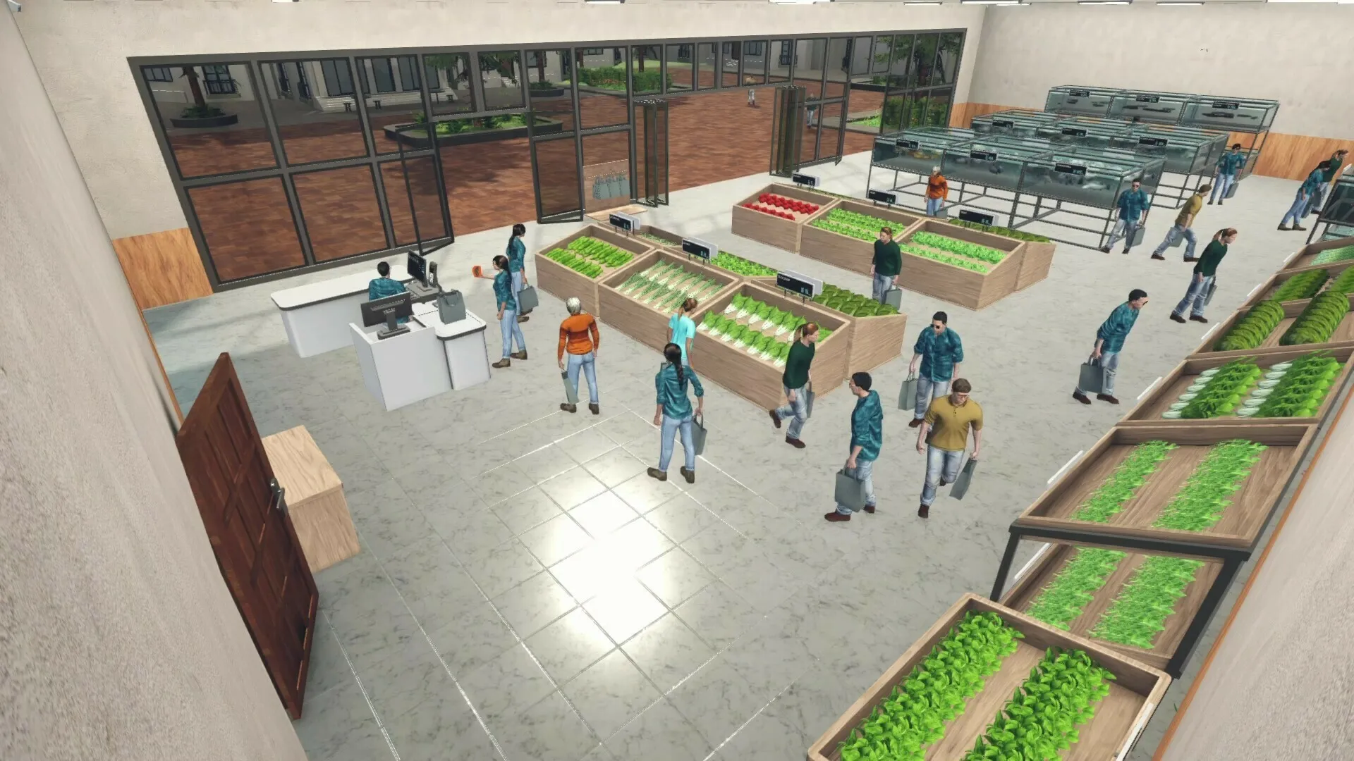 Captura Hydroponics Farm Store Simulator – Vista Superior De Tienda Con Clientes Y Cultivos En Exposicion