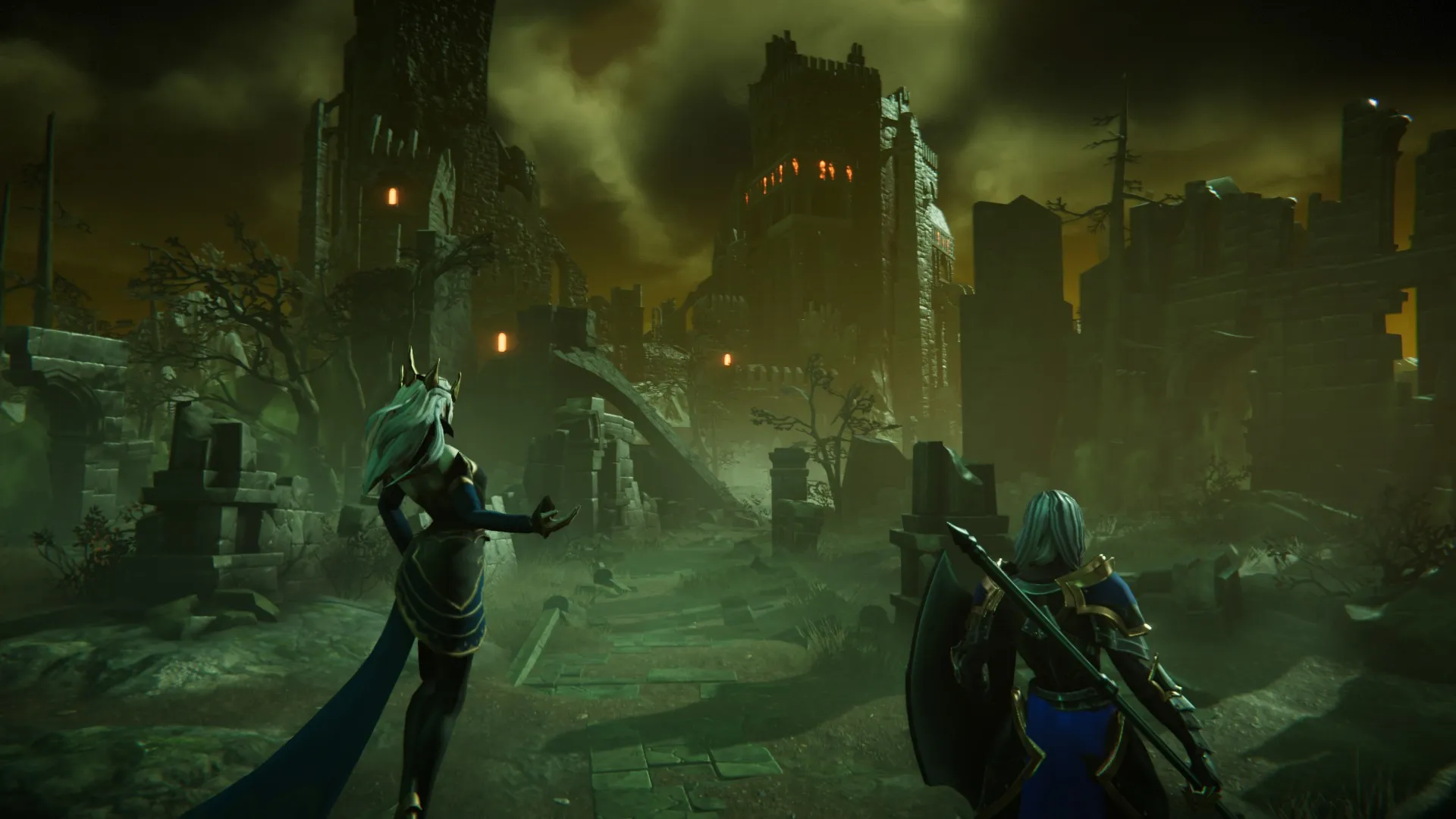 Captura Immortal Realms Vampire Wars – Escenario Sombrio Con Guerreros Avanzando Entre Ruinas
