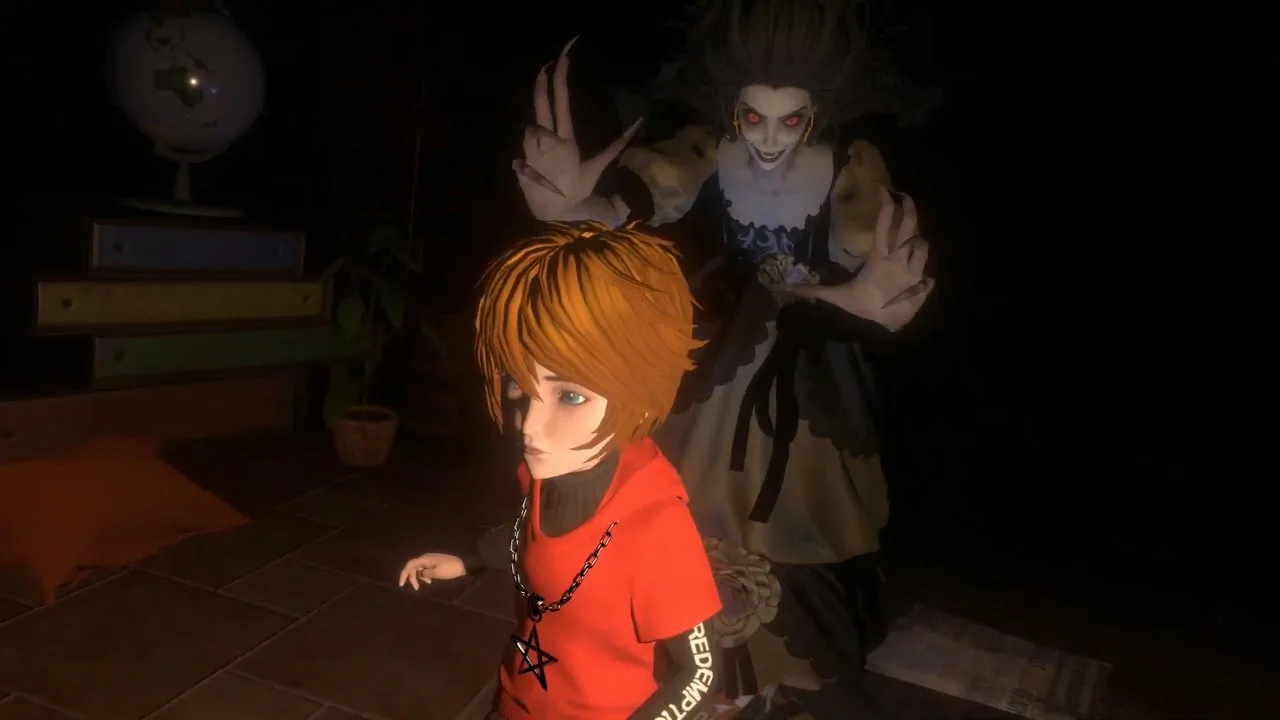 Captura In Nightmare – Escena Con Nino Frente A Criatura Que Lo Observa De Cerca En Un Entorno Oscuro