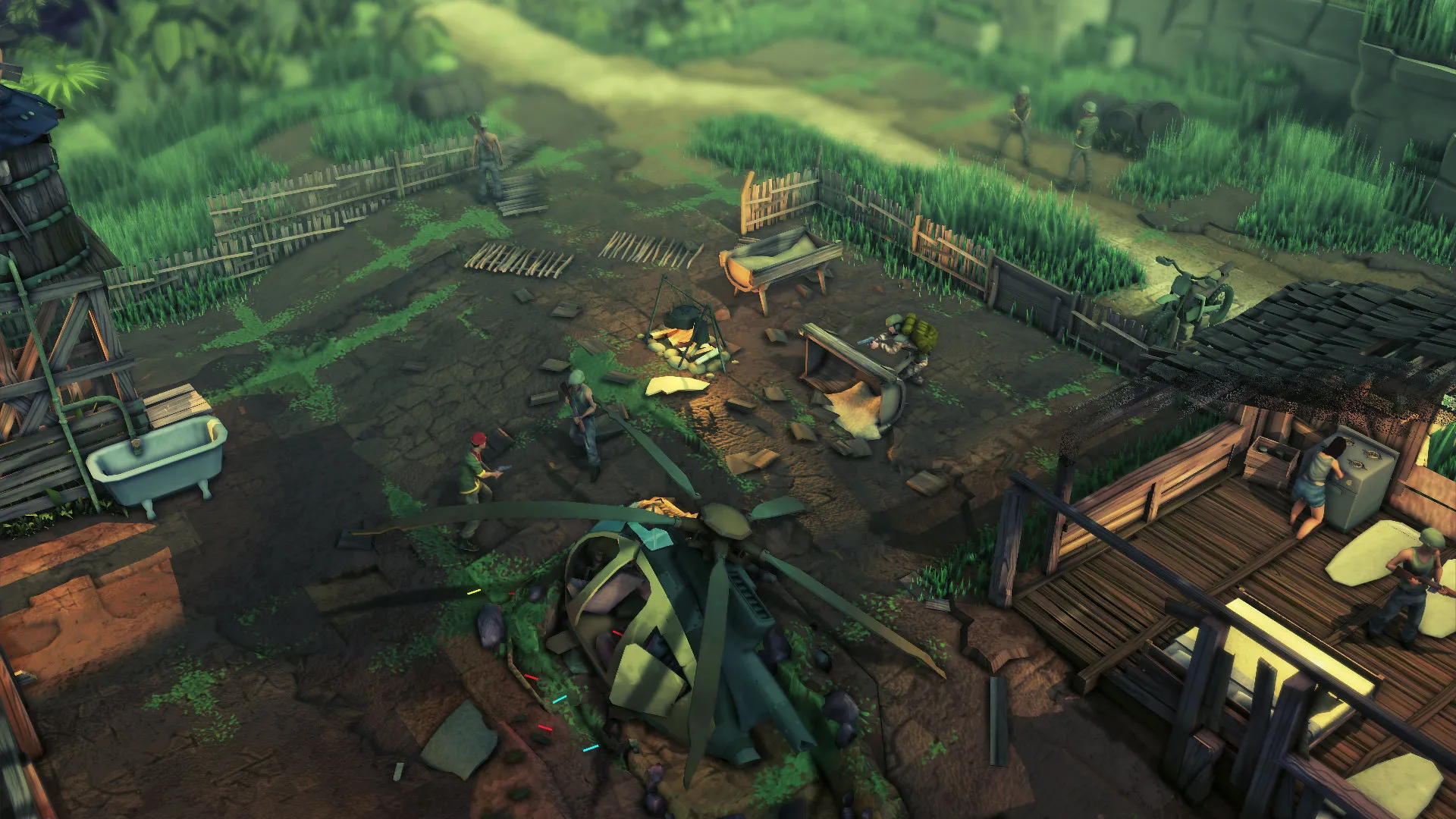 Captura Jagged Alliance Rage – Varios Personajes Patrullan Una Zona Destrozada Con Un Helicoptero Estrellado