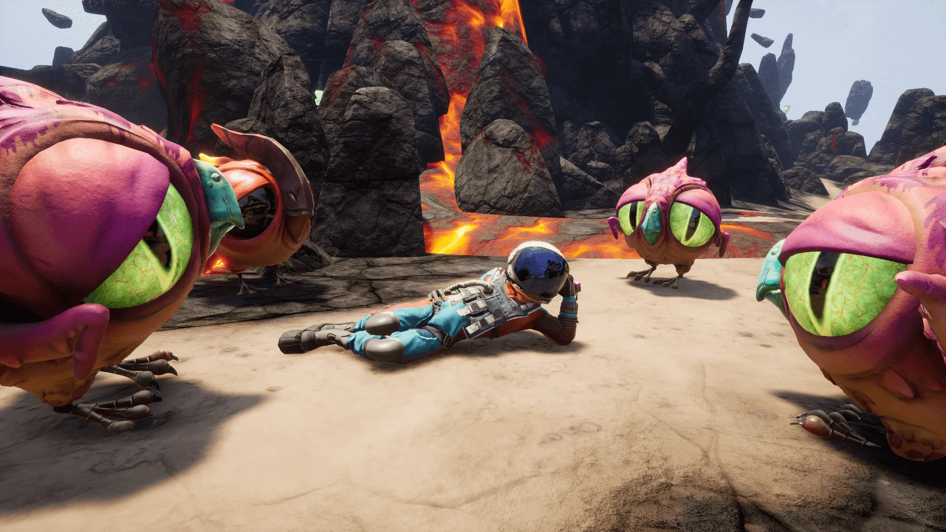 Captura Journey To The Savage Planet – El Personaje Principal Yace Relajado Mientras Varias Criaturas Alienigenas Lo Rodean Curiosamente