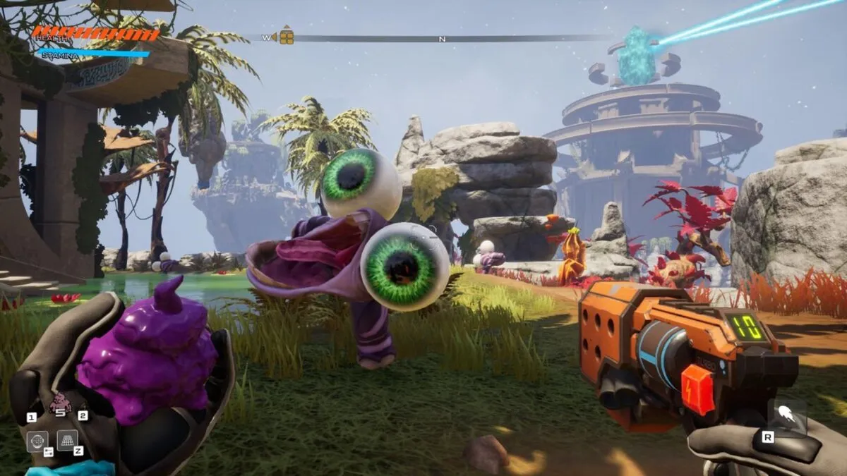 Captura Journey To The Savage Planet – Vista En Primera Persona Apuntando Con Un Arma A Una Criatura De Ojos Enormes Y Expresion Desconcertada
