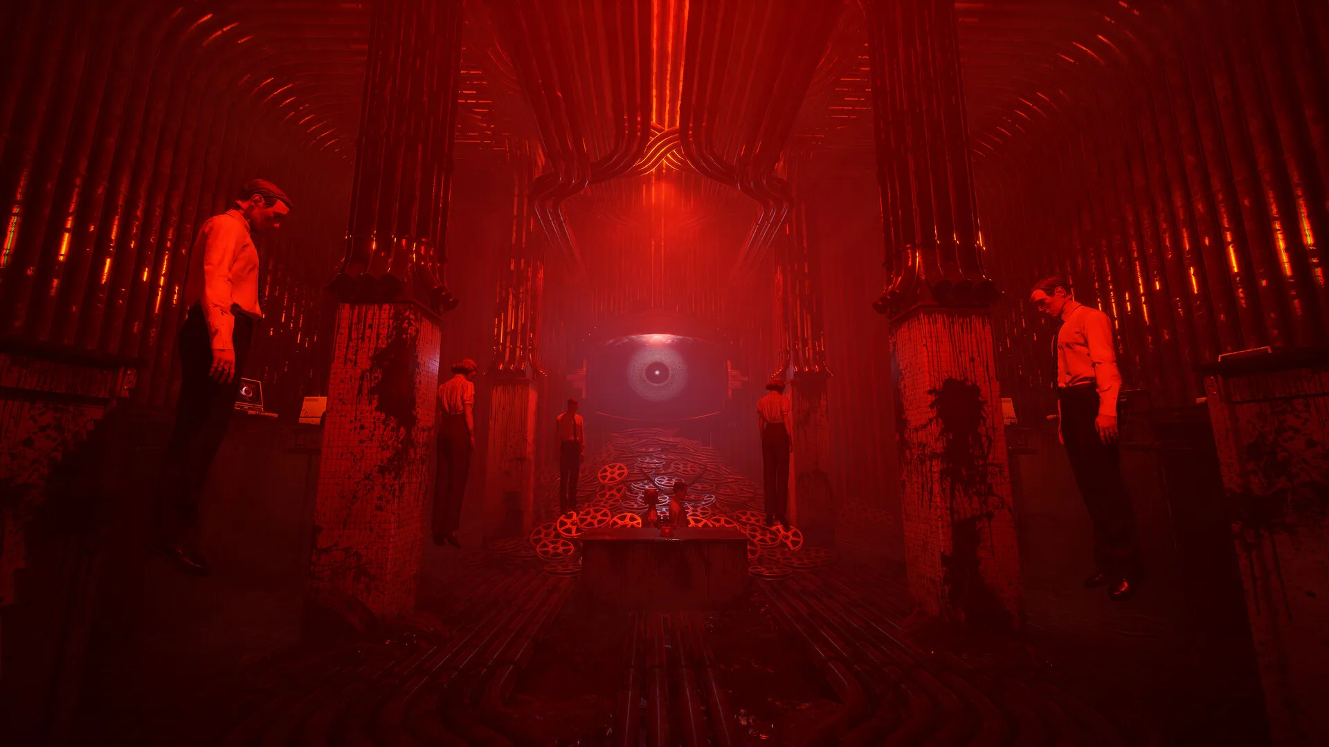 Captura KARMA The Dark World Sala Roja Con Figuras Suspendidas Y Un Ojo Iluminado Al Fondo