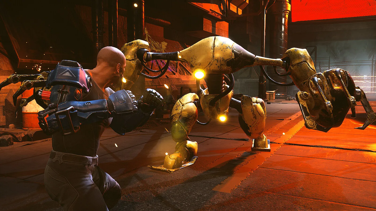 Captura KIBORG Lucha Entre El Protagonista Y Un Robot Amarillo Con Garras En Una Fabrica Iluminada En Rojo