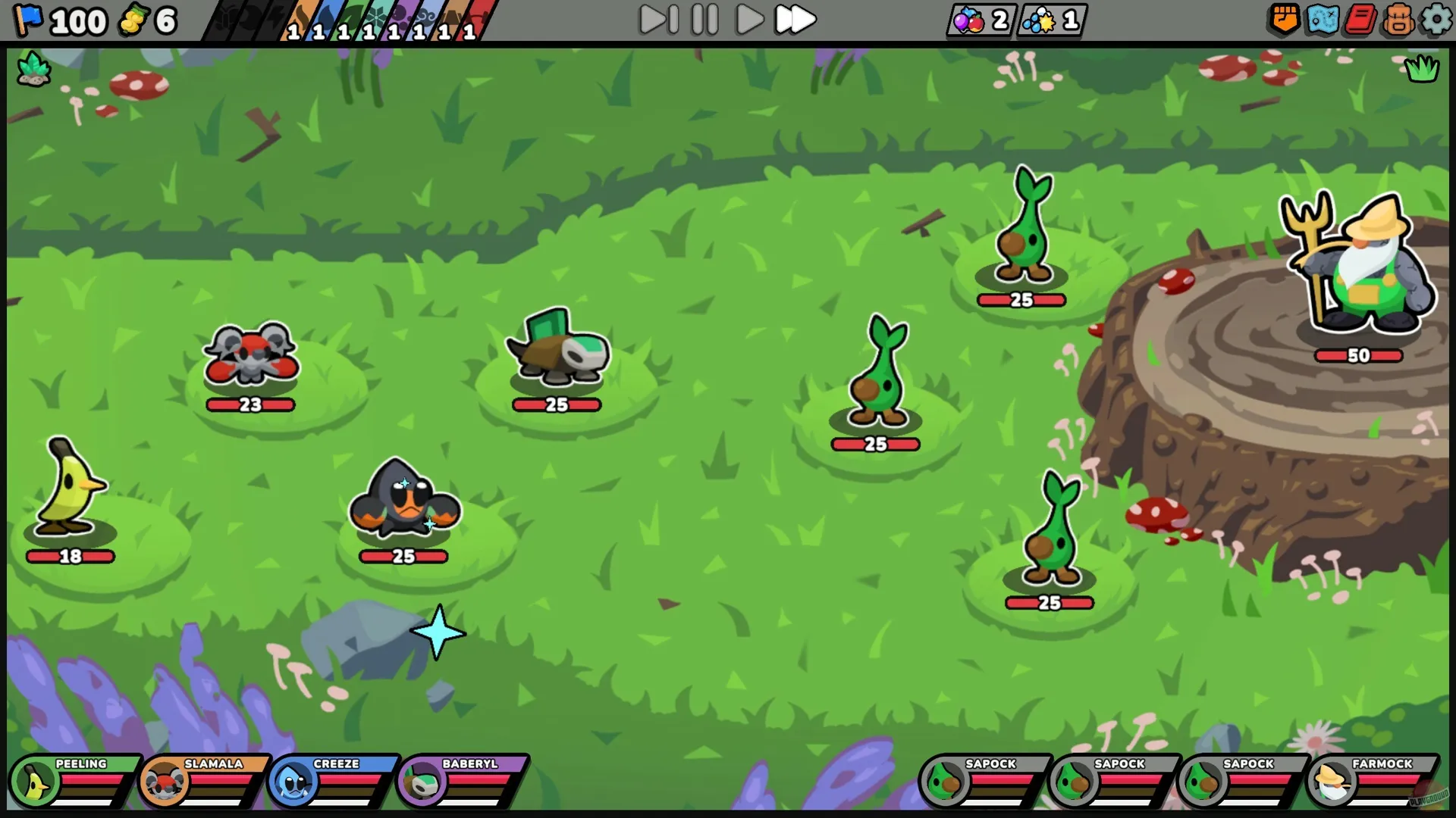 Captura Kadomon Hyper Auto Battlers – Escenario Verde Brillante Con Criaturas Listas Para Atacar