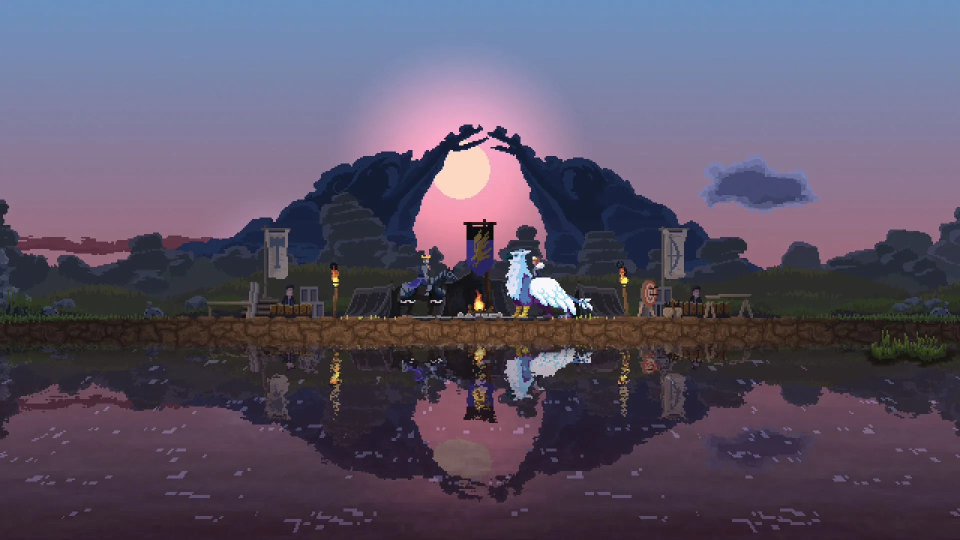 Captura Kingdom Two Crowns – Amanecer Con Portal Mistico Al Fondo Sobre Un Lago