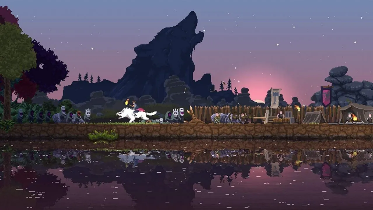 Captura Kingdom Two Crowns – Jinete Cabalga Junto A Su Sequito En Un Bosque Oscuro