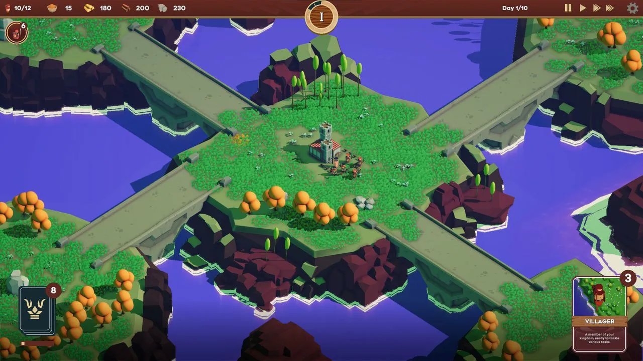 Captura Kingdoms Deck – Vista Isometrica De Una Pequena Isla Fortificada Con Caminos Hacia Cuatro Direcciones