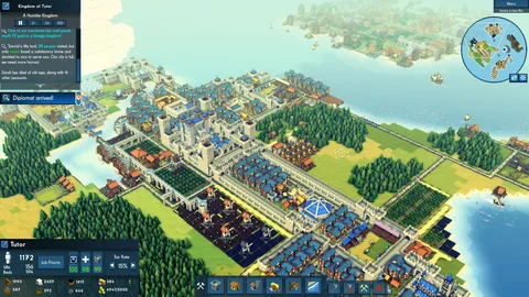 Captura Kingdoms And Castles – Detalle De Una Ciudad Con Jardines Castillo Real De Techos Morados Y Barrios Organizados Junto Al Agua