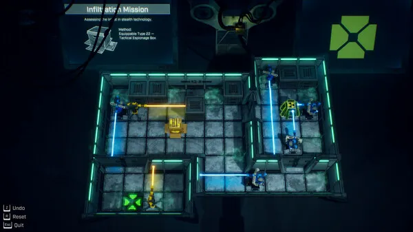 Captura Lab Rat – Mapa De Laboratorio Con Robots Y Cuadriculas Iluminadas