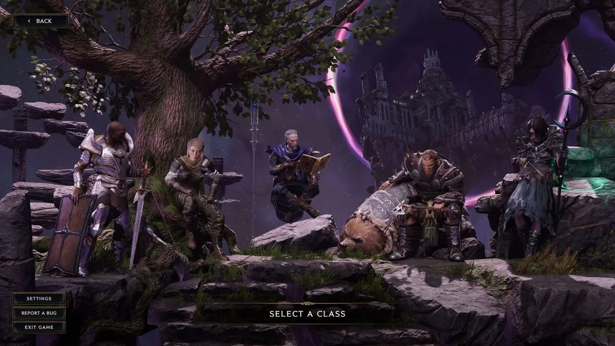 Captura Last Epoch – Seleccion De Clase Con Cinco Personajes Sentados Bajo Un Arbol Frente A Un Portal