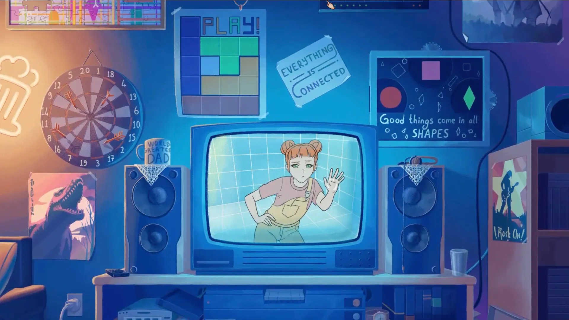 Captura Leila – Cuarto Con Objetos Retro Y Una Television Que Muestra Un Personaje Animado