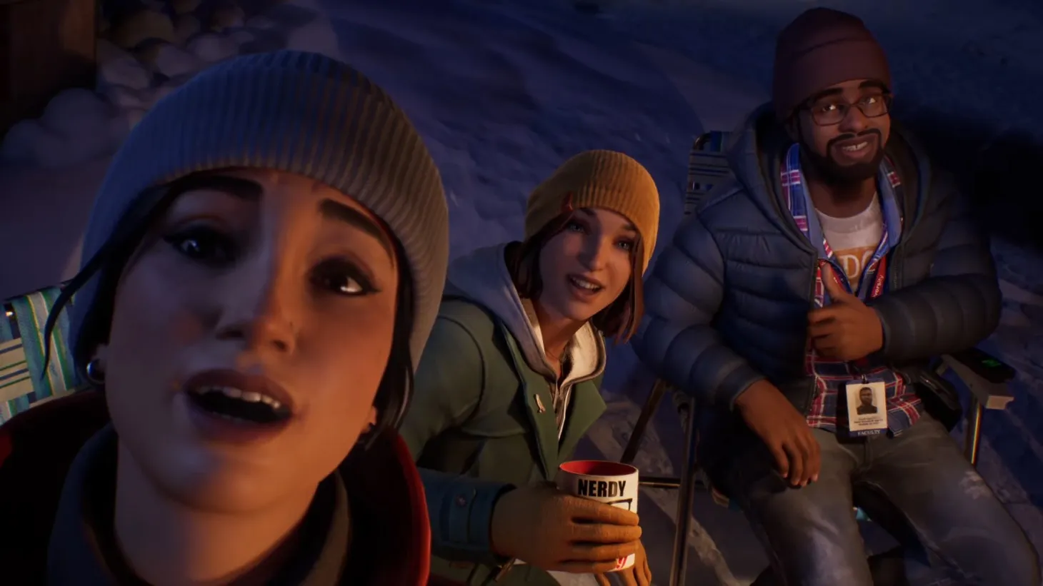 Captura Life Is Strange Double Exposure Personajes Sentados Alrededor De Una Fogata En La Nieve