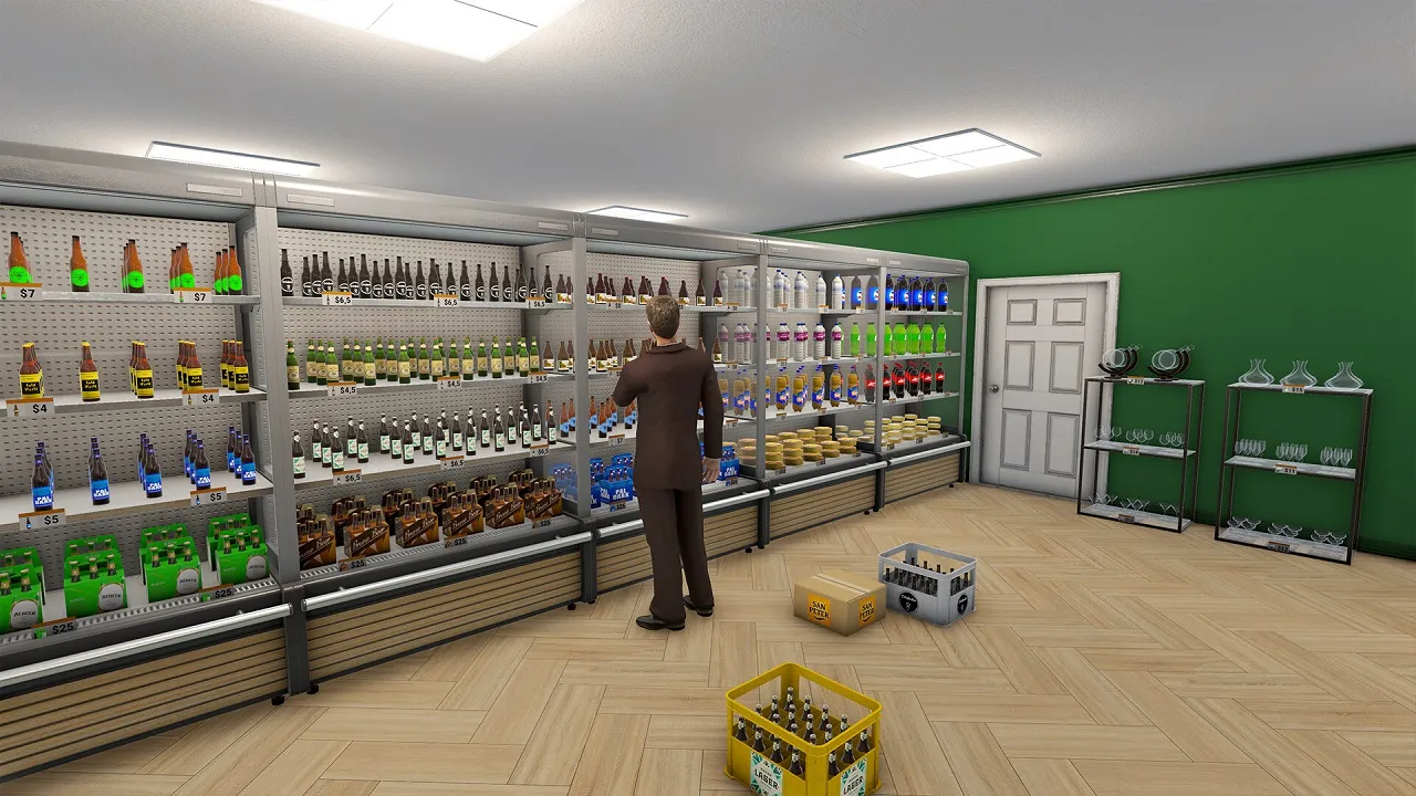 Captura Liquor Store Simulator – Logo Del Juego Sobre Estanteria De Vinos Y Cajas De Madera