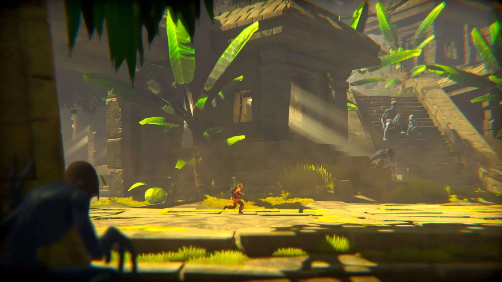Captura Little Orpheus Explorador En Ruinas Con Hojas Flotando Y Estructuras Antiguas
