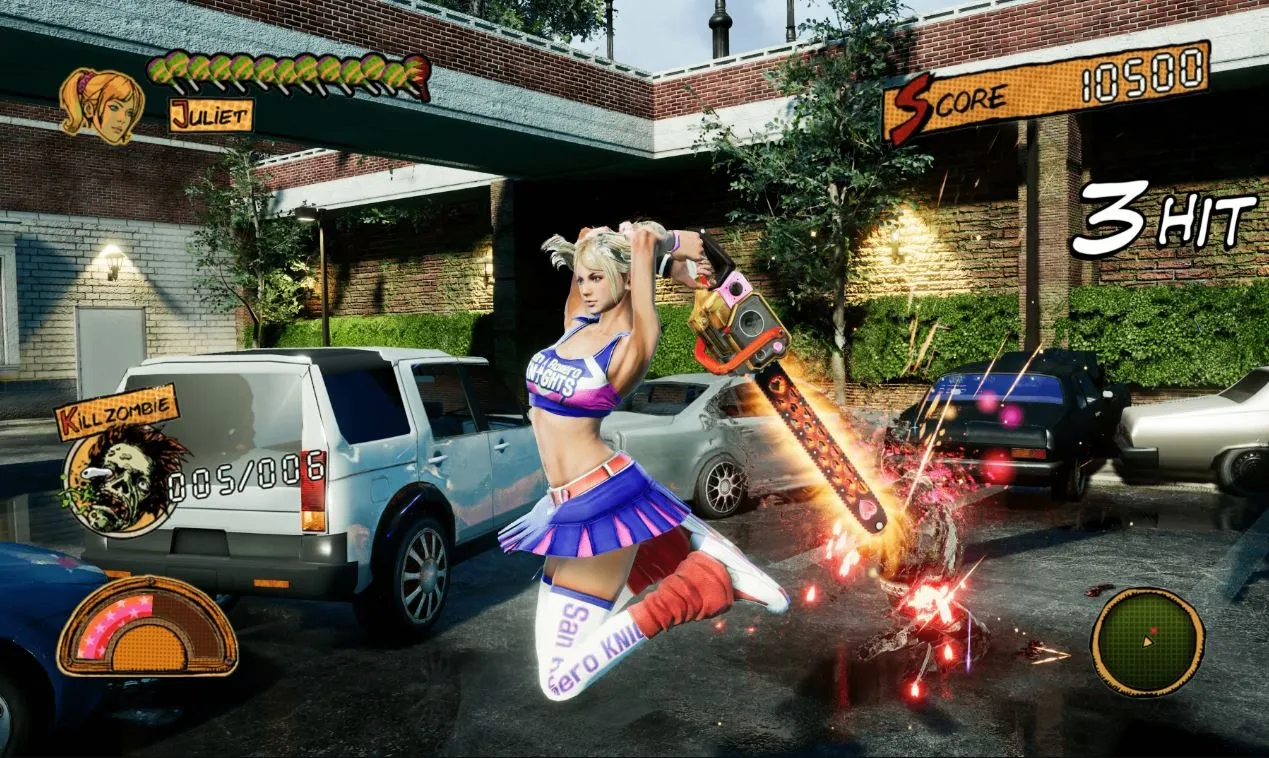 Captura Lollipop Chainsaw RePOP – Personaje Atacando Zombis En La Calle Frente A Autos