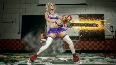 Captura Lollipop Chainsaw RePOP – Personaje Principal Girando Motosierra En Una Cocina Sangrienta