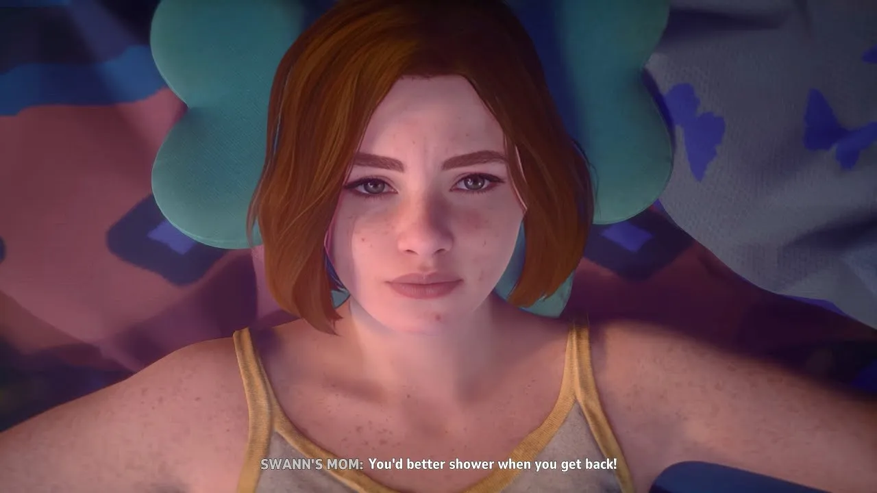 Captura Lost Records Bloom Rage – Primer Plano De Swann Recostada En Su Cama Con Expresion Serena Mientras Se Escucha La Voz De Su Madre