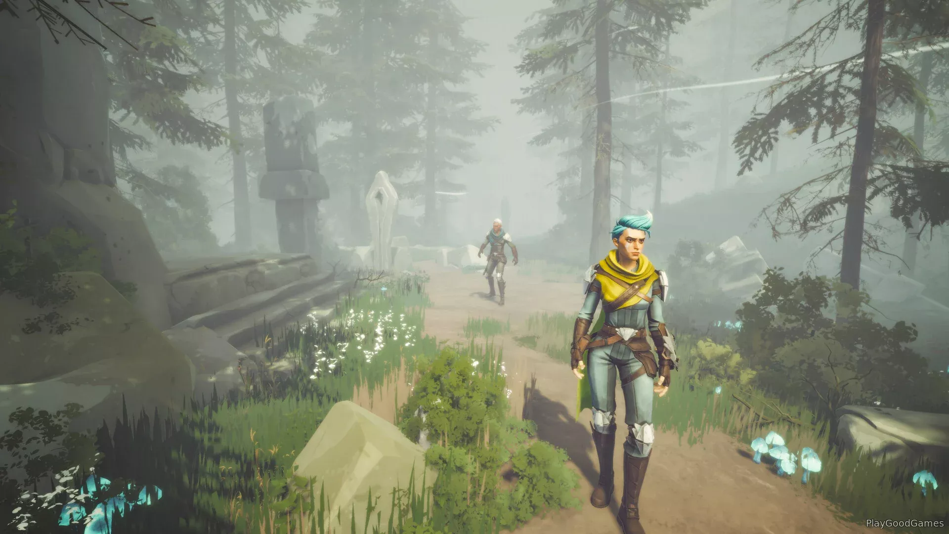 Captura Lost Skies – Exploradores Caminando Por Bosque Denso Con Luz Difusa