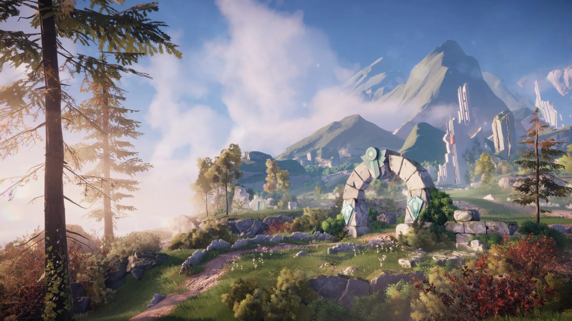 Captura Lost Skies – Montanas Y Portal Magico Entre Arboles Iluminados