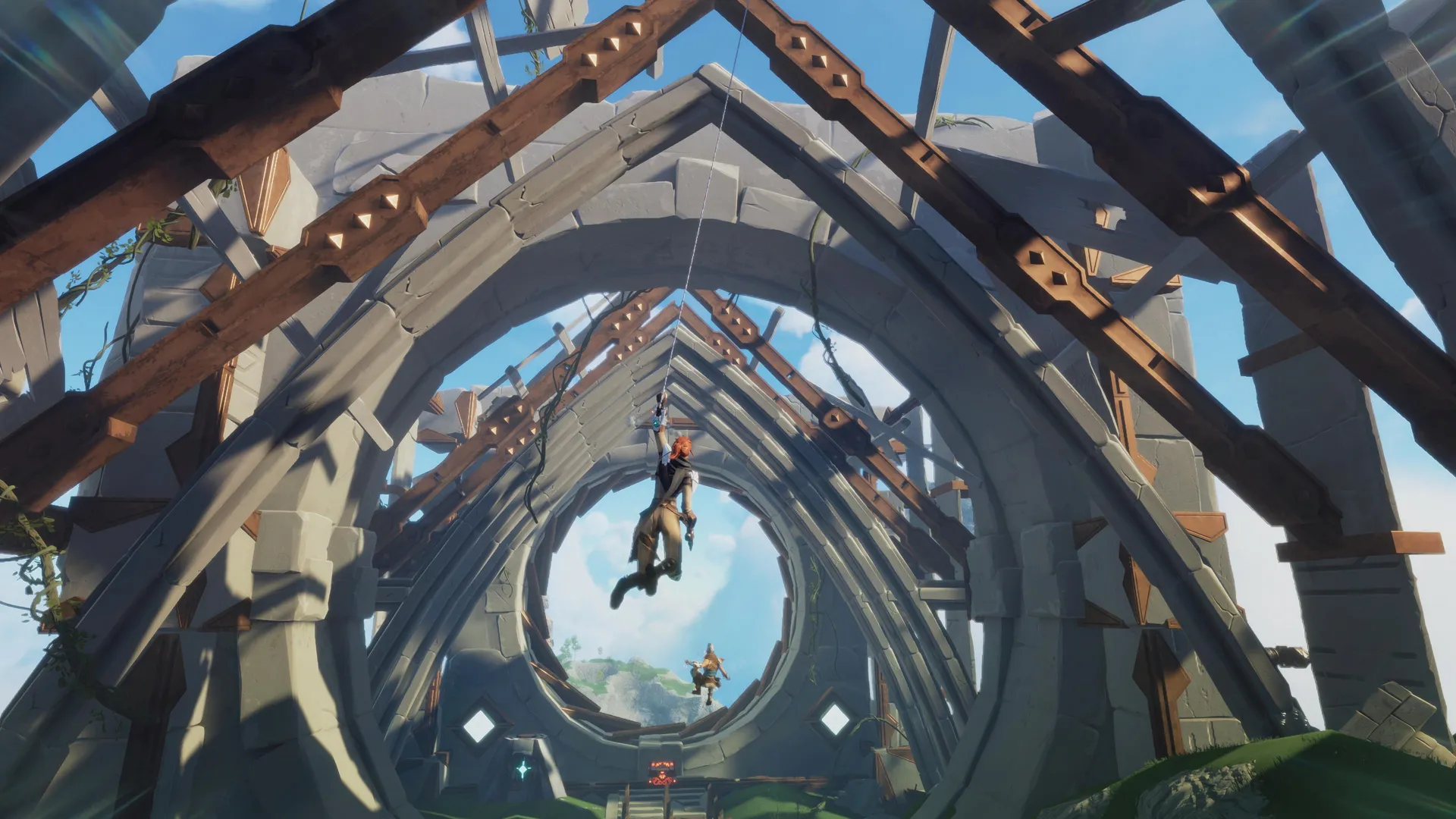 Captura Lost Skies – Personaje Cruzando Estructura Circular Suspendida