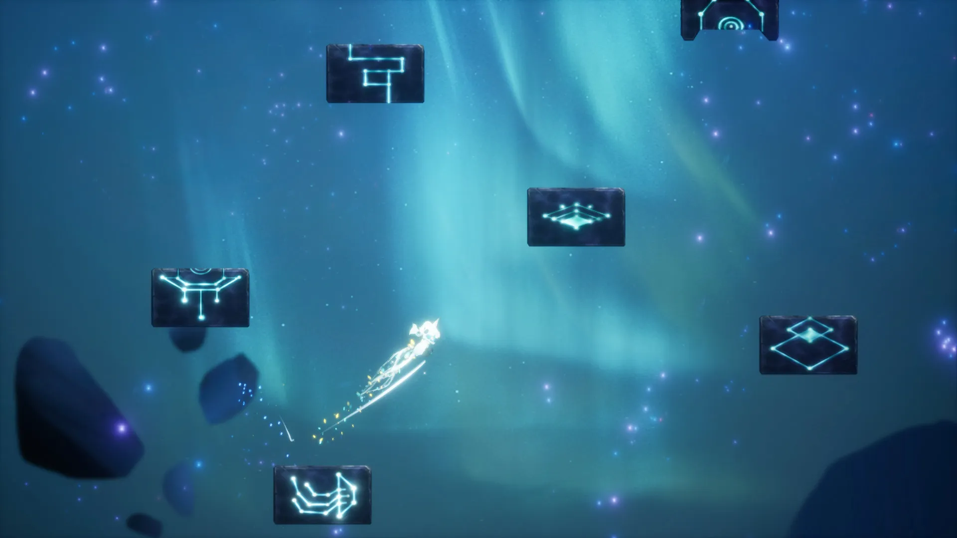Captura Lumione – Plataforma Con Obstaculos Flotantes Sobre Fondo Azul Profundo