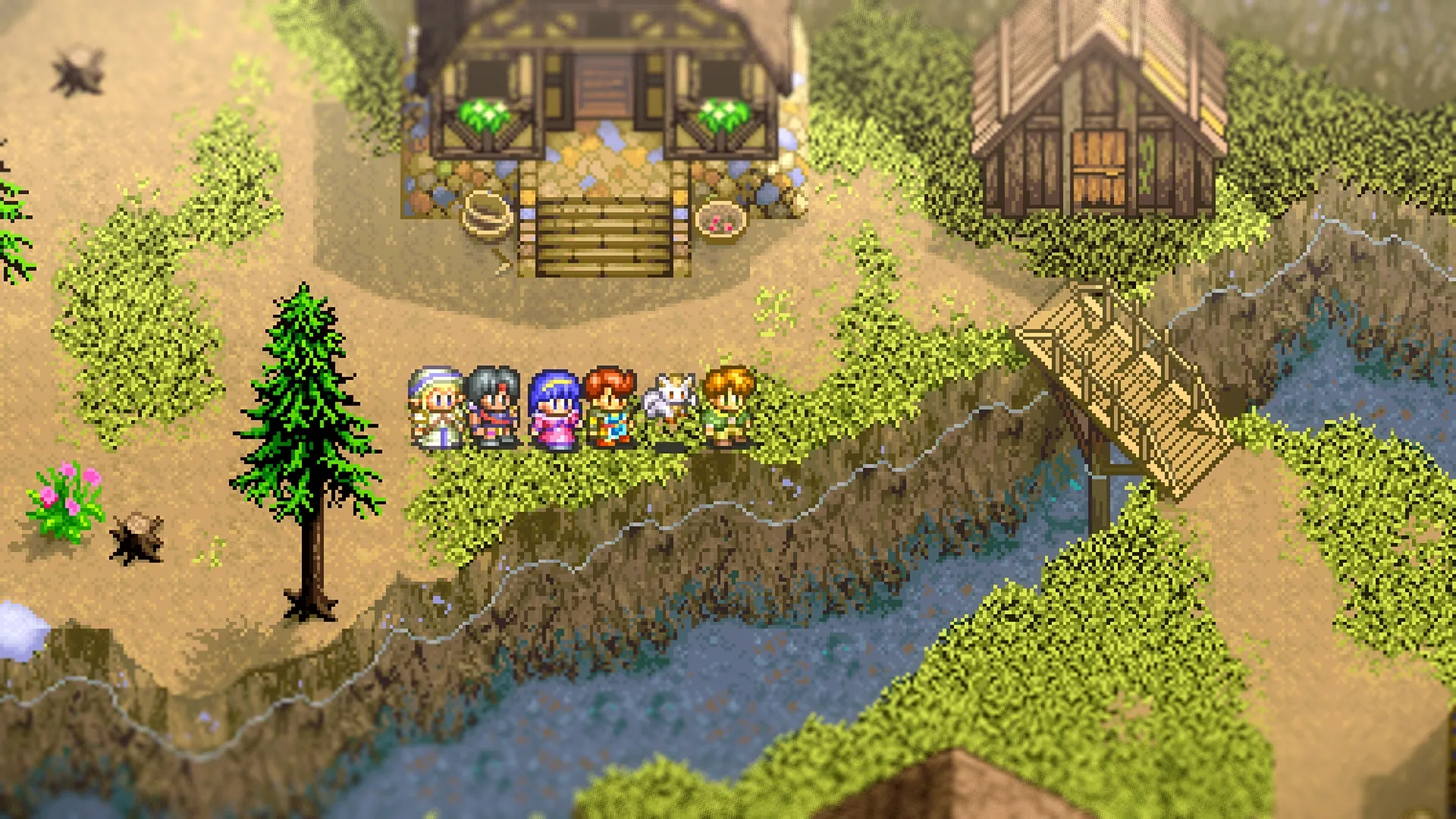 Captura Lunar Remastered Collection – Pueblo Pixelado Junto A Un Rio En Entorno Natural