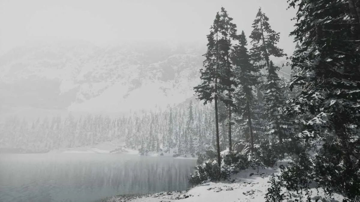 Captura Lushfoil Photography Sim – Paisaje Invernal Con Arboles Y Lago Bajo La Nieve