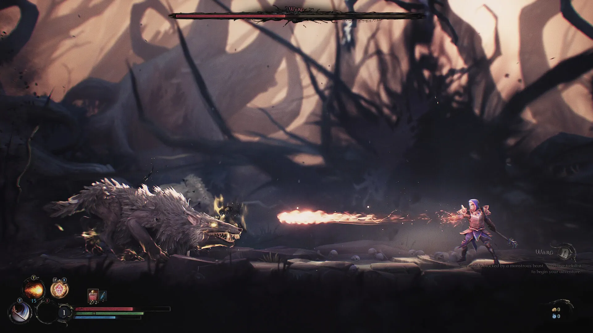Captura Mandragora Whispers Of The Witch Tree Deluxe Edition – Un Conjurador Dispara Una Llama Hacia Un Lobo Gigantesco En Un Paisaje Sombrio