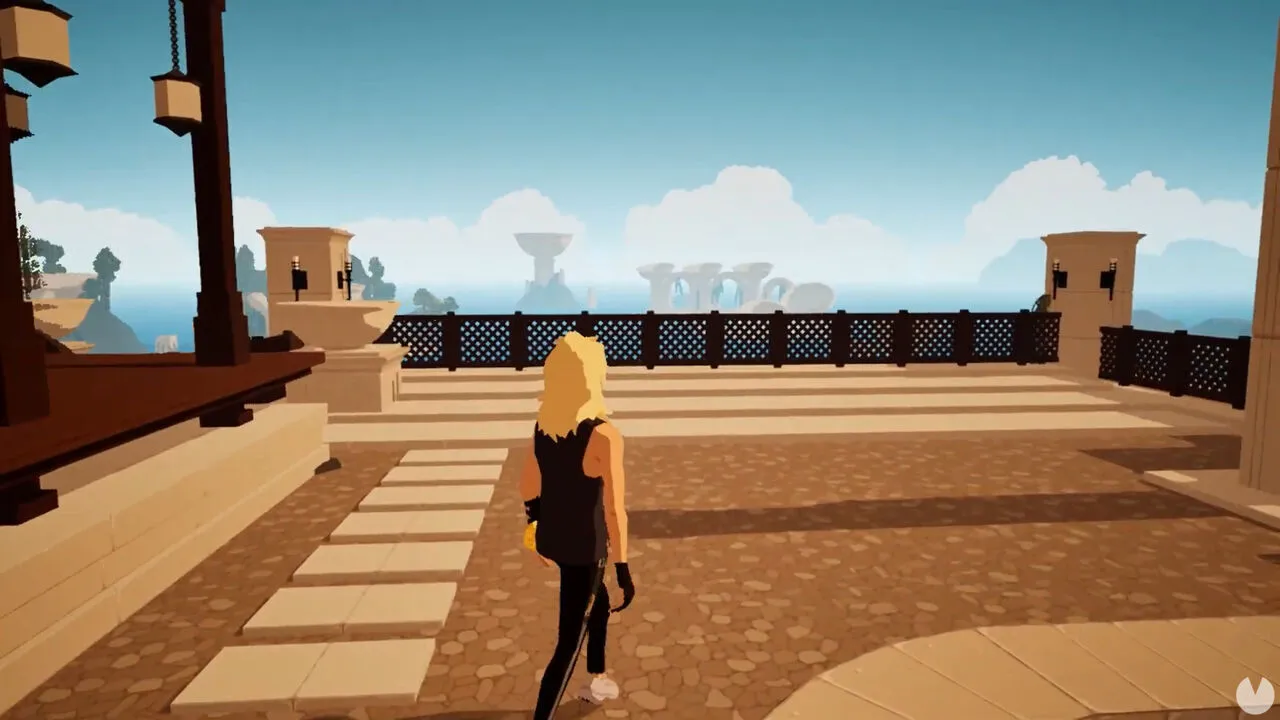 Captura Many Nights Awhisper – Personaje Rubio Recorre Una Terraza De Piedra Con Vista A Estructuras Antiguas Sobre El Mar
