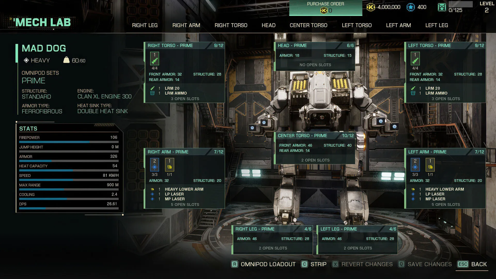 Captura MechWarrior 5 Clans – Pantalla De Personalizacion Del Mad Dog Mostrando Cada Seccion Del Mech Con Estadisticas Y Armamento
