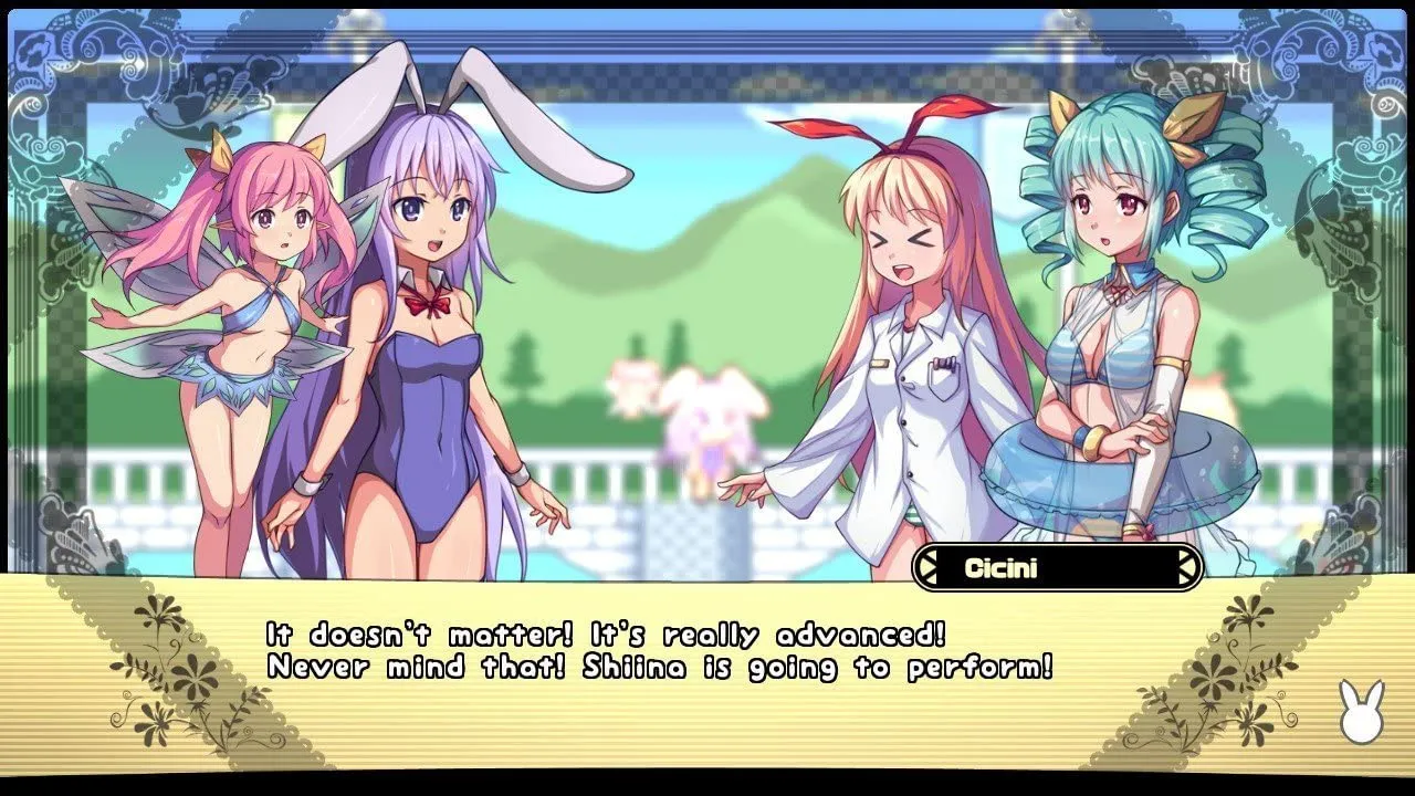 Captura Melody Of Bunny Girl – Tres Chicas Con Orejas De Conejo Charlan En Un Jardin Con Texto En Pantalla