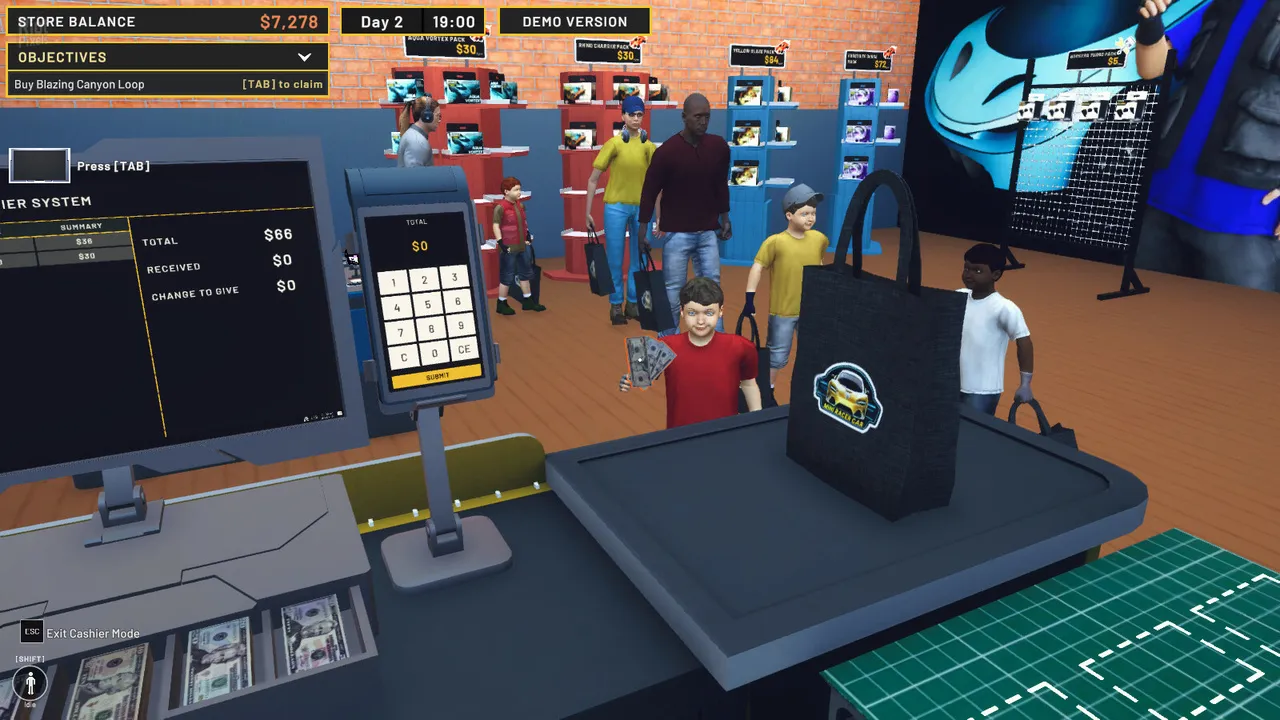 Captura Mini Racer Car Shop Simulator – Vista Del Mostrador Con Clientes Y Cajas Registradoras